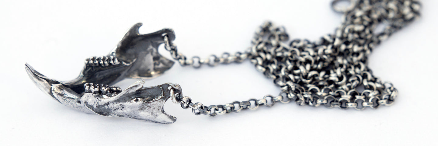 oxidised rat skull jaw necklace sterling silver